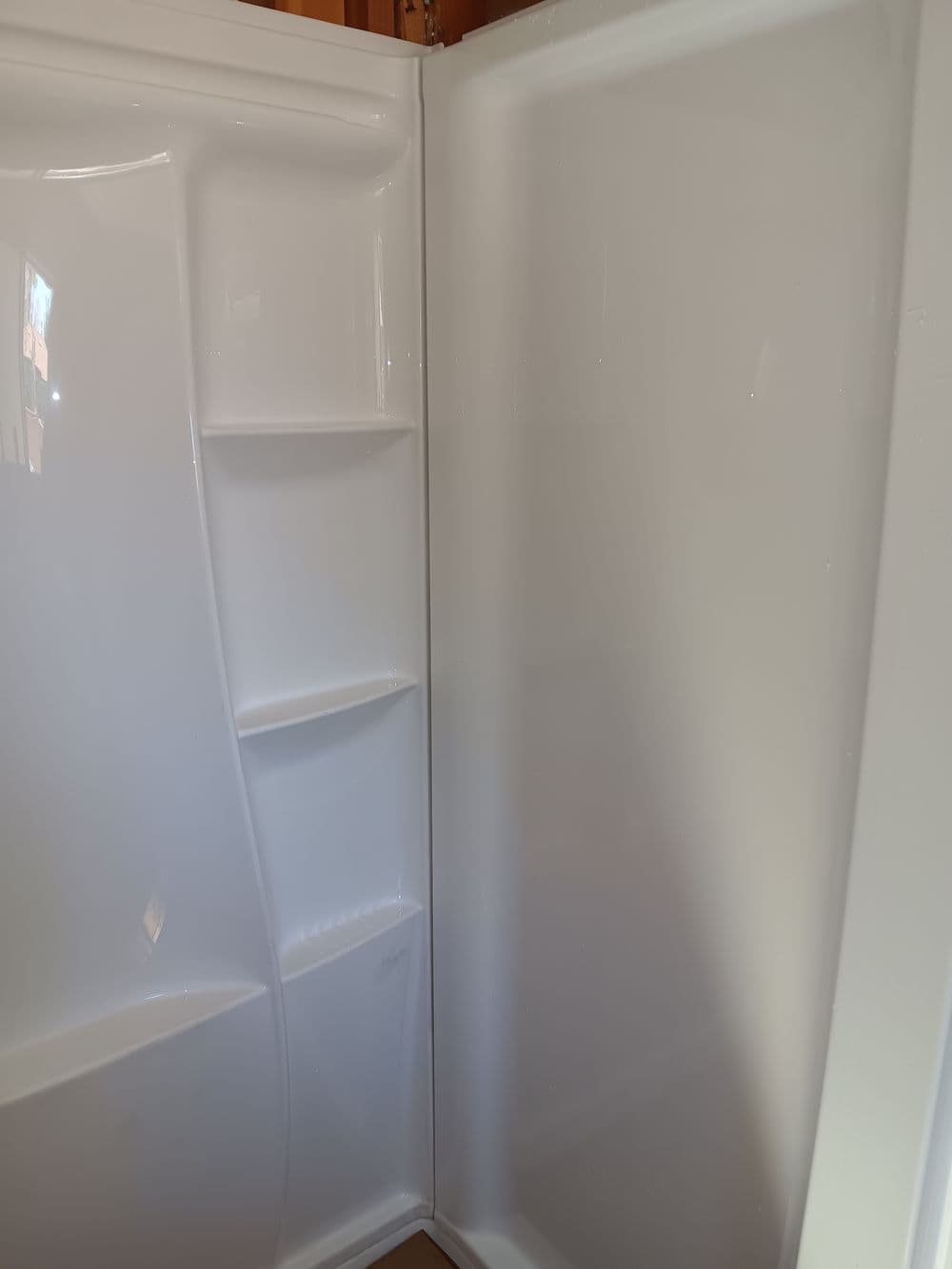 Clean, modern shower interior with built-in shelves for storage.