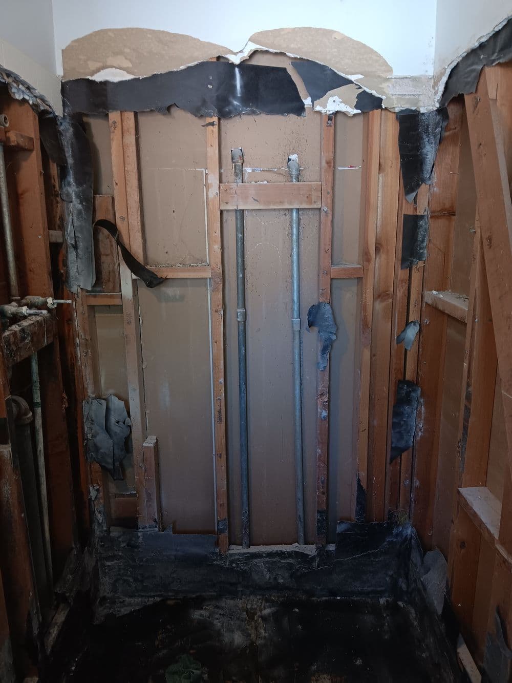 Exposed bathroom wall with pipes, damaged insulation, and moldy drywall in renovation project.